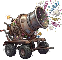 Confetti cement-mixer cannon (not unlocked yet) : Heavy weapon, 26 damage, slow but heavy hits, also hits the opponent's pets, can stun the opponent. Confetti cement-mixer cannon